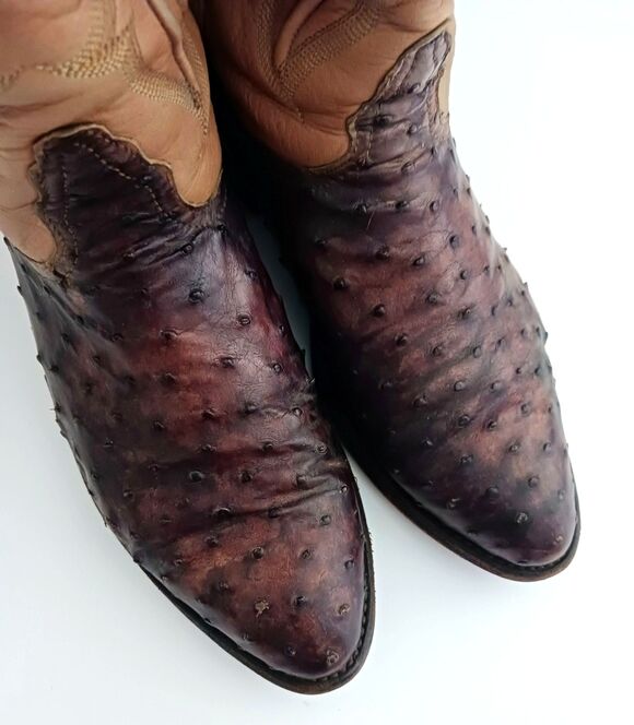 Nocona Full Quill Ostrich Exotic Western Boot Brown/Camel Leather 10D Made USA